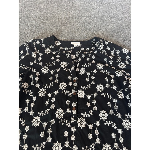J. Jill Womens Black White Floral Embroidered Cotton Popover Blouse Top SZ M - Picture 6 of 11